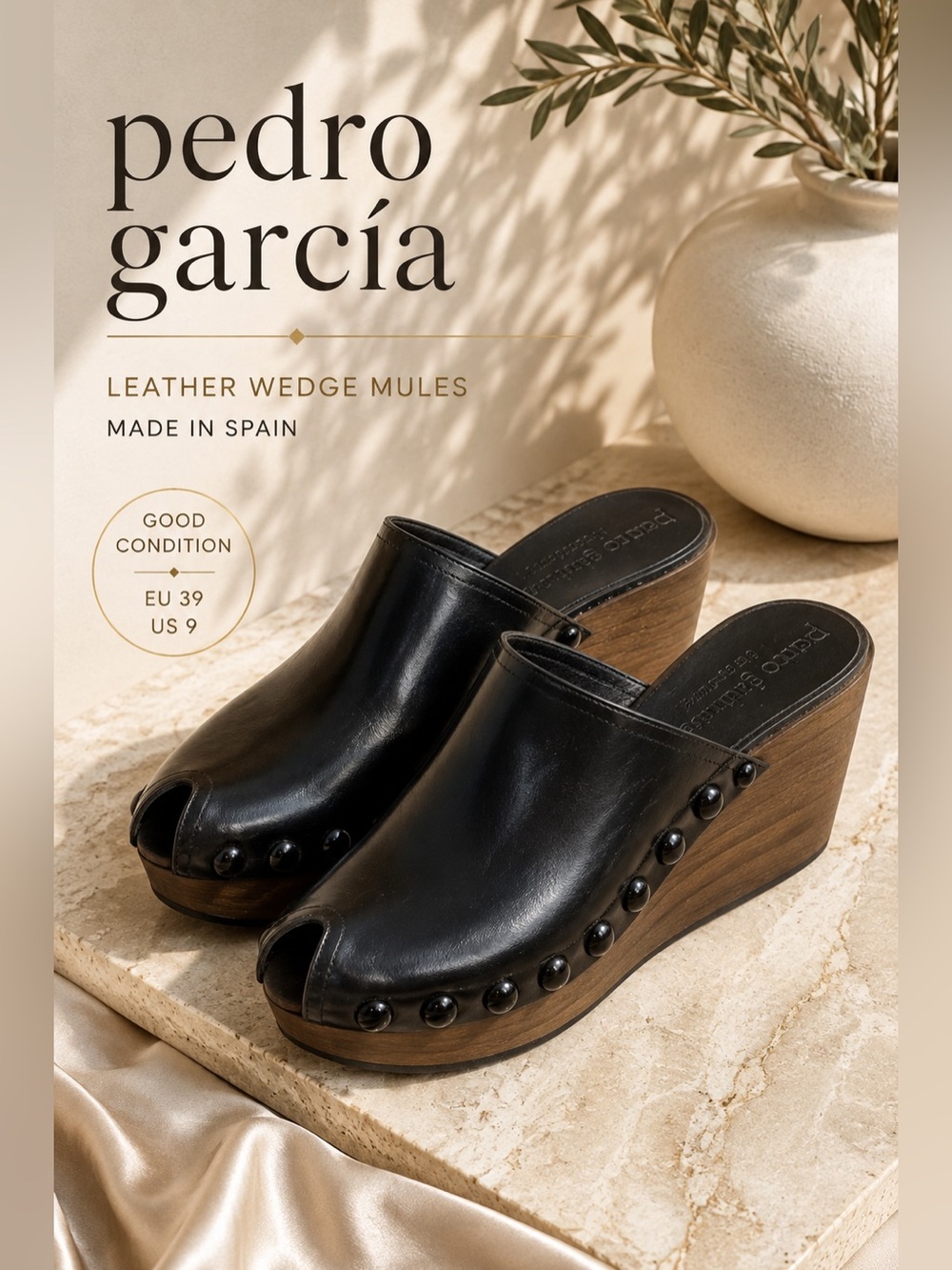 Pedro Garcia Black Leather Studded Wood Wedge Peep Toe Mules Size 39